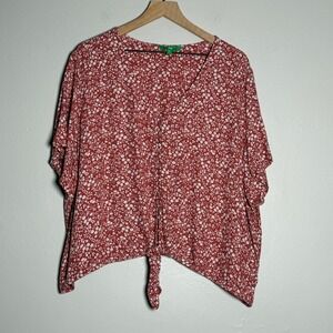 Dip Womens Button Up‎ Top 3X Red White Floral Crop Tie Waist Flowy Peasant